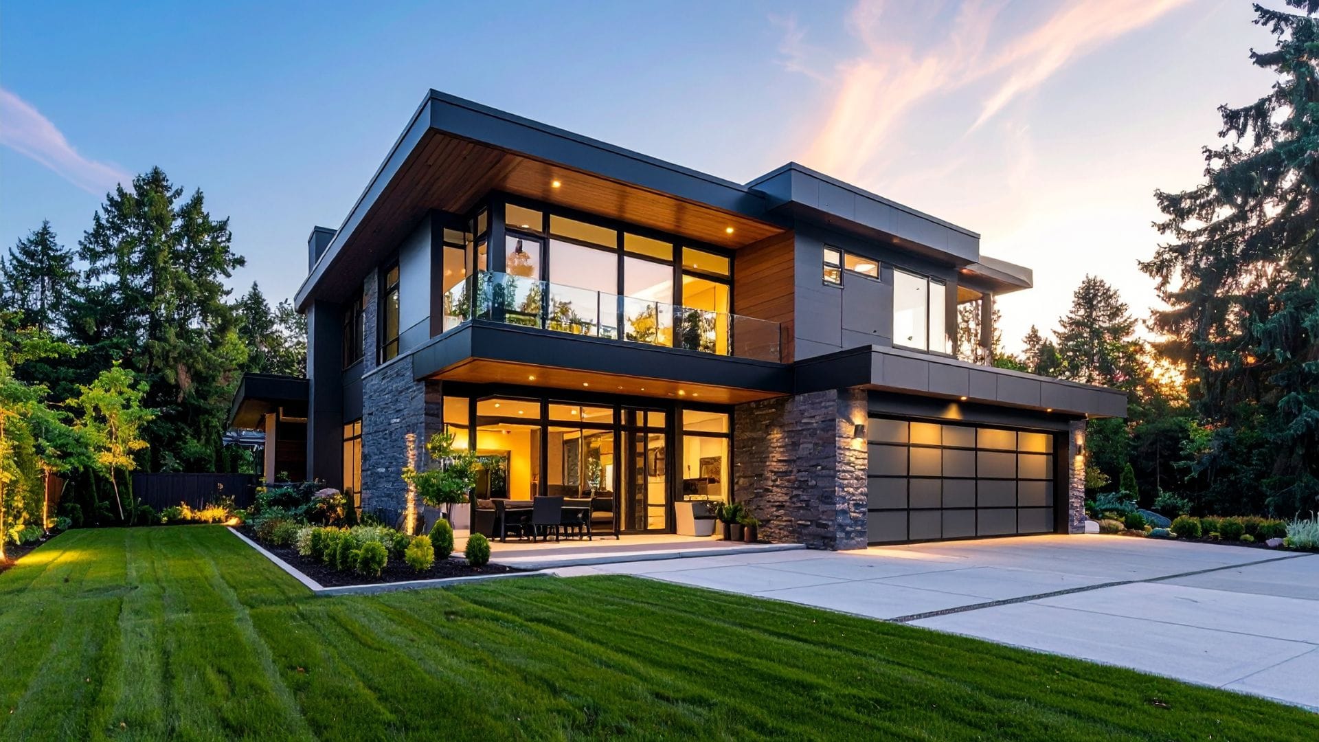 Modern two-story home at dusk with tall lighted window walls, the style of new build going up across Castle Rock, CO